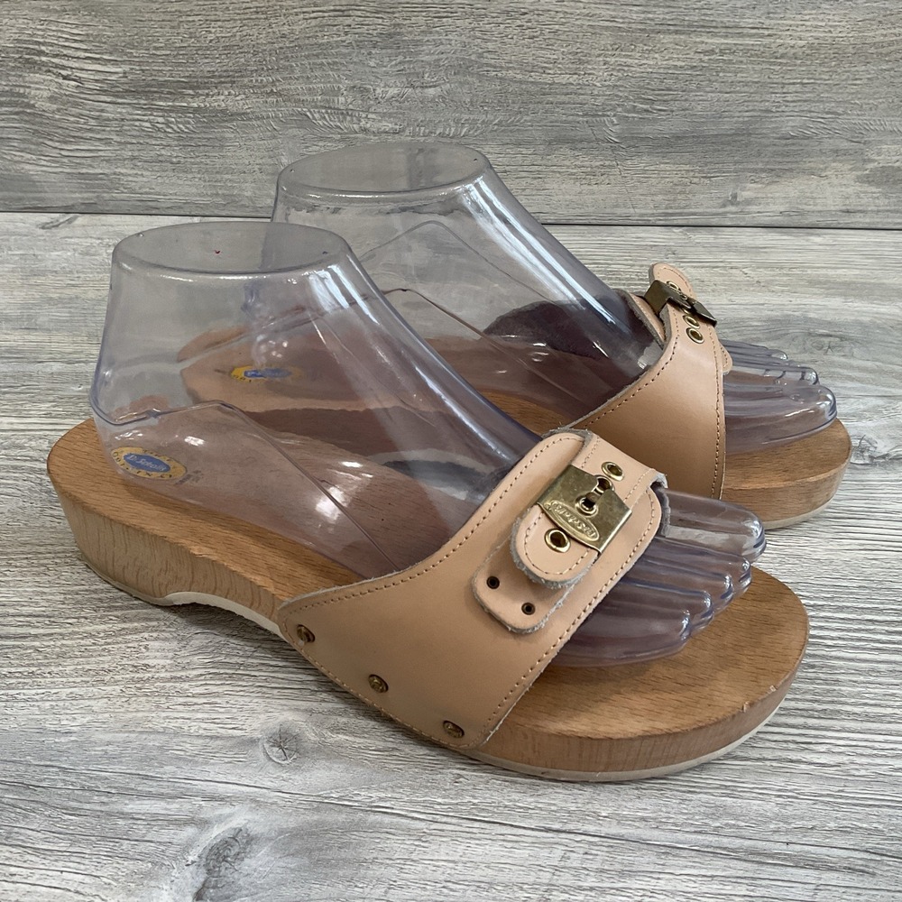 Dr Scholl's Original 70s Exercise Sandals Wood Leather Slides Italy Size 9 US